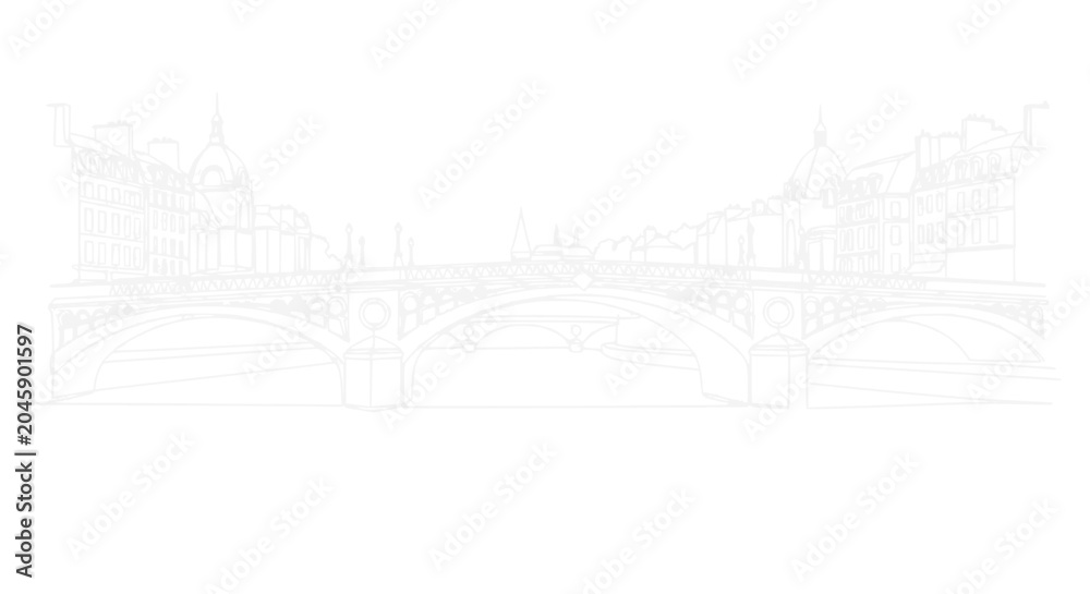 Fototapeta premium Parisian bridge sketch, outline of Pont Neuf and Seine river banks, minimalist architectural drawing.
