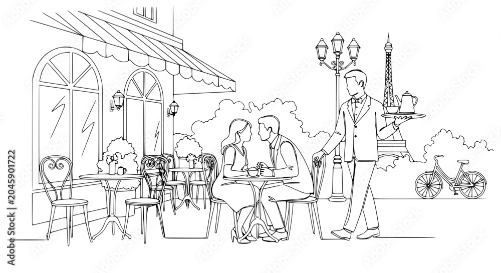 Obraz premium Romantic Couple at Parisian Cafe with Eiffel Tower View, Waiter Serving Drinks