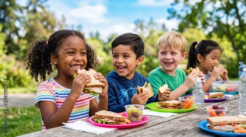 A group of four children eats lunch at a park picnic table. They smile and share food while drinking water. The sun shines brightly in the sky