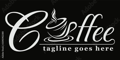 Elegant coffee shop logo design featuring a stylized letter C integrated with a steaming coffee cup icon and placeholder text for a tagline, isolated on a black background.