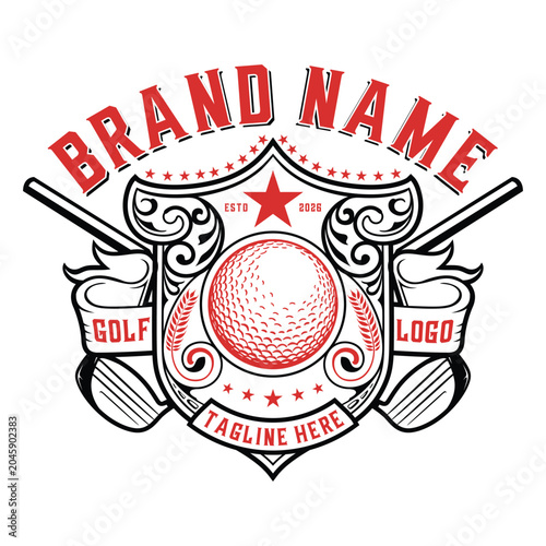 Vintage golf emblem design featuring a detailed golf ball on a heraldic shield badge with crossed golf clubs, stars, ornate scrolls, and placeholder text for brand name and tagline.