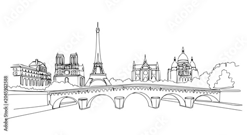 Cuadro en lienzo Paris Skyline Outline Drawing - Eiffel Tower, Notre Dame, Sacre-Cœur, Bridge