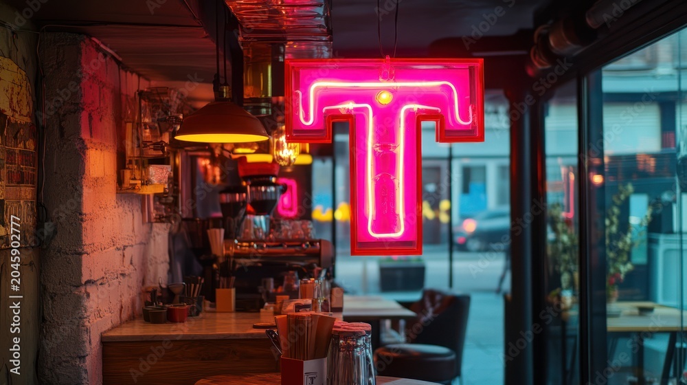 Obraz premium Vibrant cafe interior with neon sign
