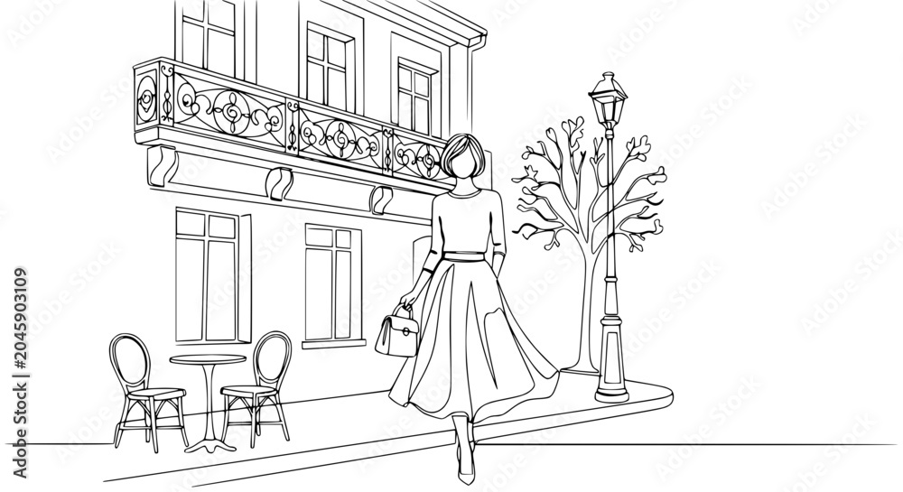 Fototapeta premium Elegant Woman Walking on Parisian Street with Cafe and Balcony - Line Art