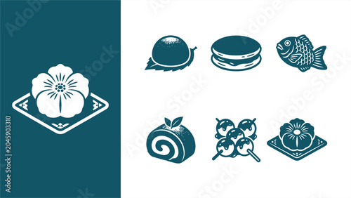 Foto Japanese wagashi icon set featuring traditional sweets like dango, taiyaki, dorayaki, and mochi