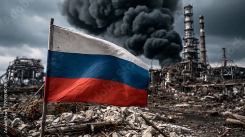 Russian Flag Amidst Destruction: A Russian flag flutters defiantly in the foreground, with a backdrop of industrial wreckage, plumes of black smoke billowing into a desolate, overcast sky.