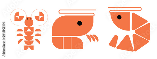 Minimalist geometric seafood icon collection featuring lobster, shrimp, and prawn illustrations in a modern flat design style. Clean vector shapes and simple composition make this set ideal for restau