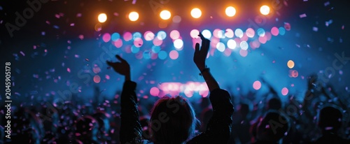 Lively crowd reveling at a concert surrounded by colorful streamers and bright neon lights.