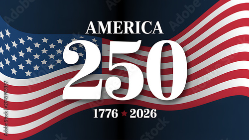 America 250th anniversary celebration graphic with elegant serif typography over waving American flag background showing historical dates for independence and national holiday event.