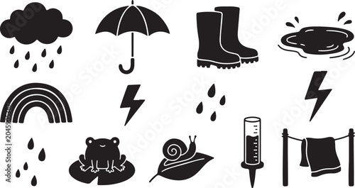 Tableau sur toile Black and white flat lay of office and household including umbrella, coffee cup,