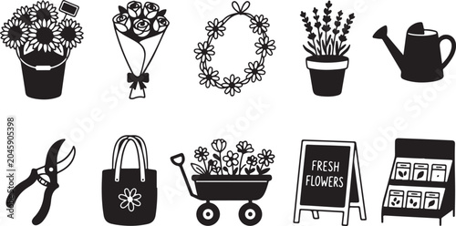 Photography Black and white floral featuring vases, flowers, and gardening tools black and w