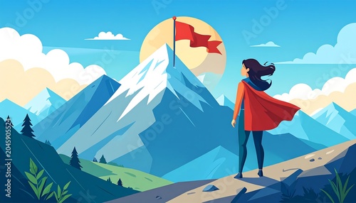Woman, cape on trail looks towards a snow-capped mountain peak with red flag, blue sky