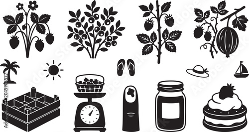 Foto Black and white of potted plants, vases, gardening tools, and decorative leaves