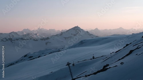 Sunset on Mount Elbrus, view of the mountains and the cable car, Russia
