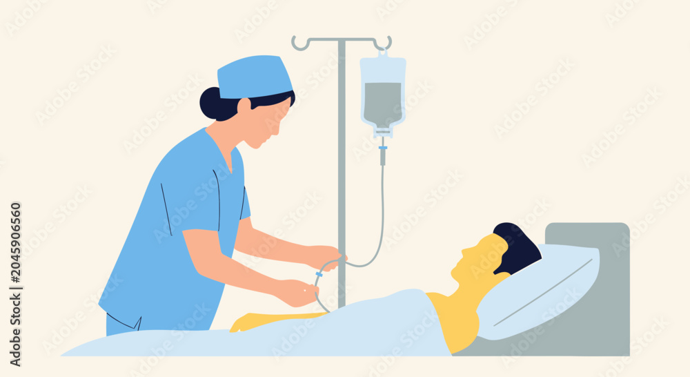 Fototapeta premium Nurse Administering IV Drip to Patient in Hospital Bed, Medical Care Concept