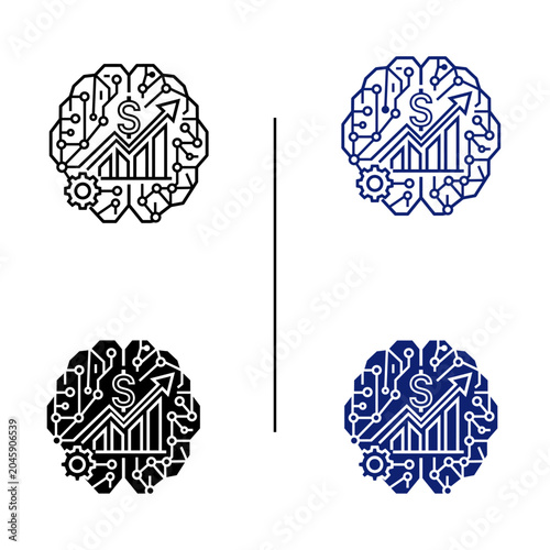 Financial artificial intelligence icon set with digital brain circuit board bar chart dollar sign and gear for fintech trading algorithm smart investment data analytics line and glyph vector icon