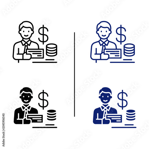 Bank teller icon set with clerk holding check book dollar sign and coin stack for financial advisor accountant personal savings and commercial banking service line and glyph vector icon