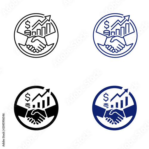 Business handshake icon set with growth bar chart and dollar sign for financial partnership success agreement investment deal corporate merger line and glyph vector icon