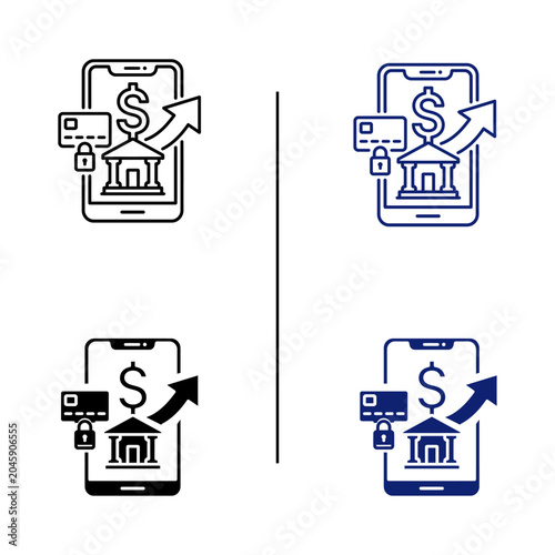 Mobile banking app icon set for online financial transaction, secure digital payment, and mobile wallet credit card transfer on smartphone line and glyph vector icon