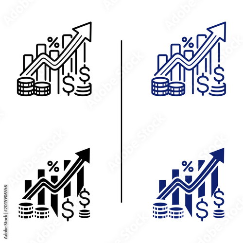 Financial growth icon set with upward arrow bar chart coins and dollar sign for investment revenue increase profit ROI marketing statistic line and glyph vector icon