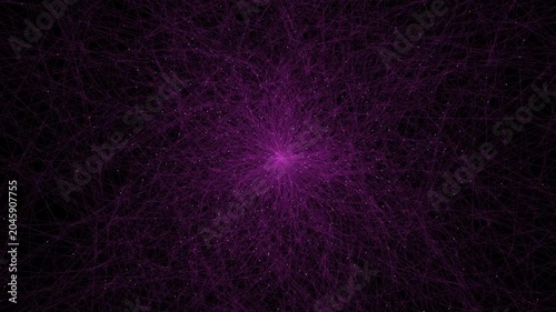 Purple digital network connections pulse with glowing particle data nodes across a dark background in an abstract neural visualization 3D loop