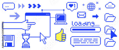 Y2K pixel tech workflow UI vector elements. Browser window, loading bar, cursor, cloud storage, folders, interaction icons on white bg. Retro 8-bit assets for SaaS dashboards, web apps and onboarding