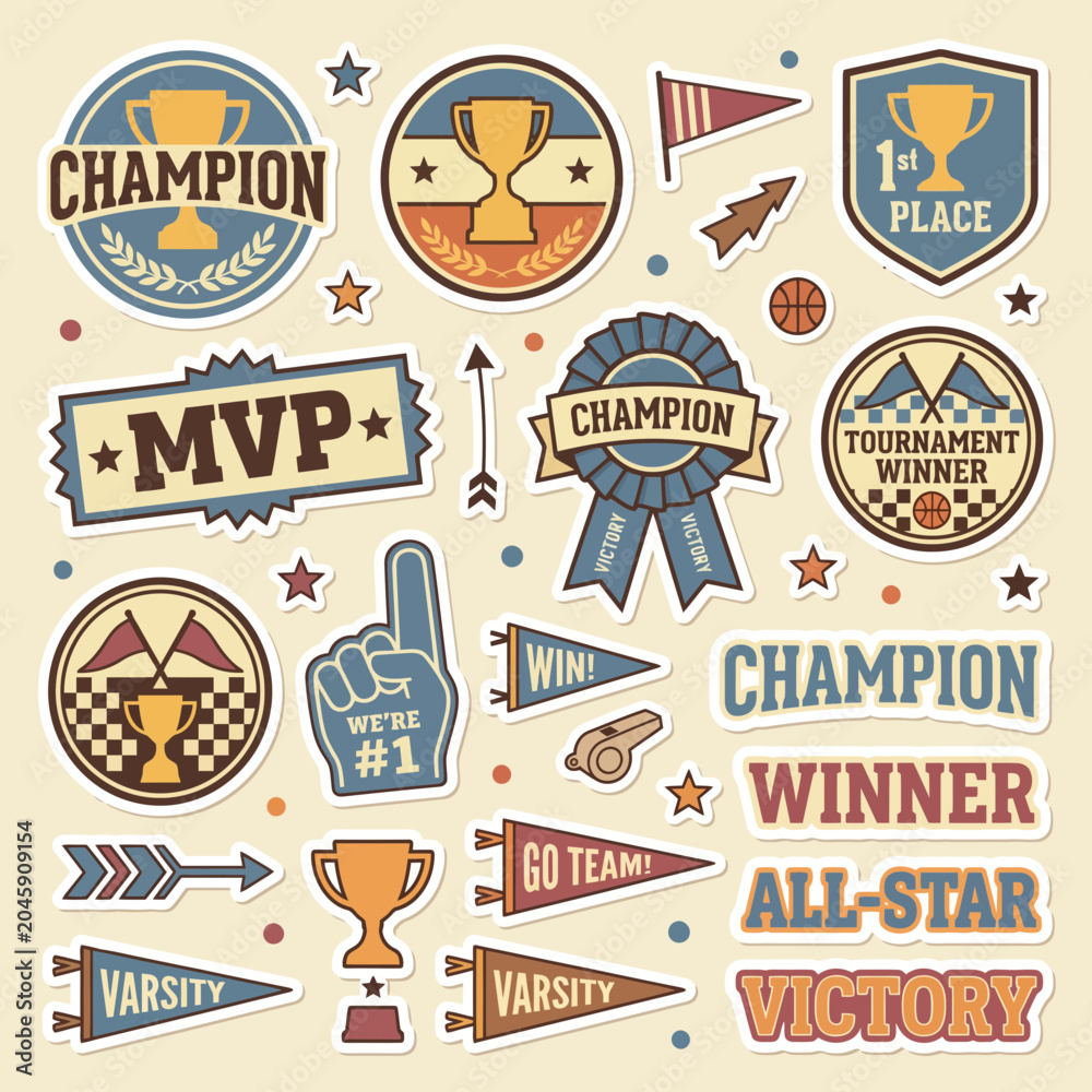 Naklejka premium A vibrant collection of sports championship badges and stickers display various awards including trophies and flags.