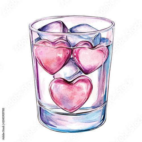 Bild auf Leinwand Heart-shaped Ice Cubes In A Glass, charming watercolor vector with soft tones and graceful design, isolated on a white background