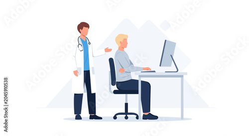 Doctor checking patient's posture at desk with computer, healthcare concept