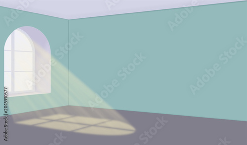Isolated sunlight in a room from a window. Sunlight, sunbeams, and their reflections on the floor in a gray-green room. Vector illustration.