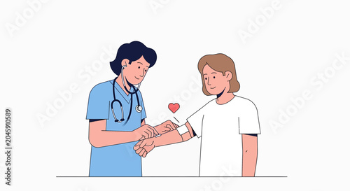Doctor checking patient's pulse with stethoscope, healthcare concept illustration