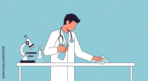 Doctor cleaning laboratory table with disinfectant spray and cloth, microscope and flask nearby