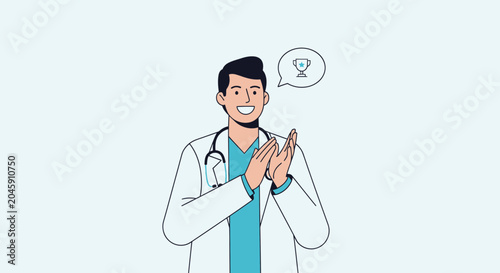 Doctor Clapping Hands, Trophy Icon in Speech Bubble, Celebrating Success