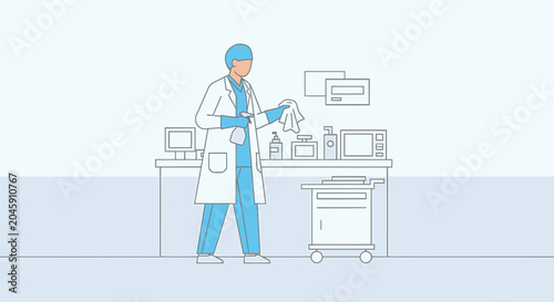 Doctor cleaning medical equipment in a sterile laboratory or hospital room