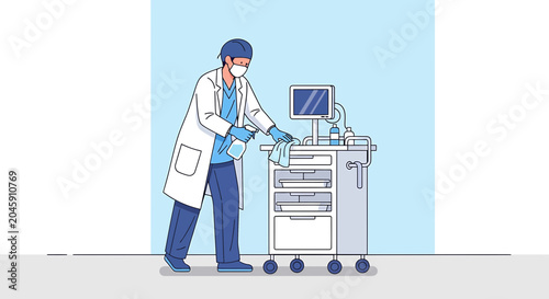 Doctor cleaning medical equipment cart with disinfectant spray and cloth
