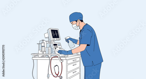 Doctor cleaning medical equipment with disinfectant spray, healthcare hygiene concept