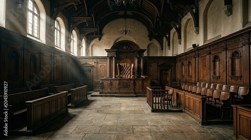 Historic Wooden Choir Stalls and Altar in an Old Church Interior.