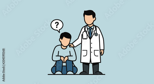 Doctor comforting worried patient with question mark symbol, mental health support concept