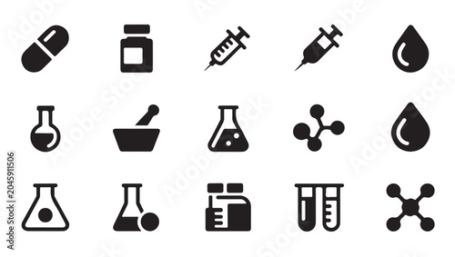 Tableau sur toile Laboratory and medical science icons with pills, vials, and chemical elements