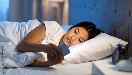 Woman checks her smartphone while lying in bed, illuminated by the screen's soft glow at night