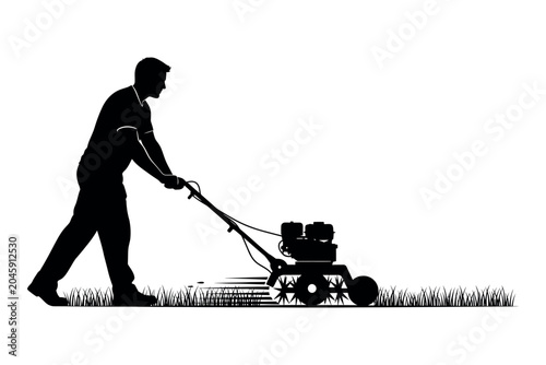 Photos Lawn care silhouette a man mowing the grass with a traditional push mower outdoo