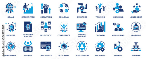 Bild auf Leinwand Training Coaching icon set collection in solid blue style, an icon pack contain training, coaching, mentorship, success, target, development, achievement, learning and more