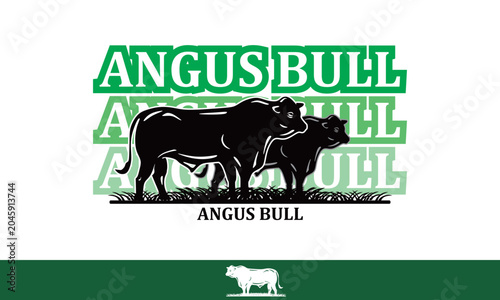 ANGUS BULL STANDING IN FARM LOGO, silhouette of big cattle vector illustration