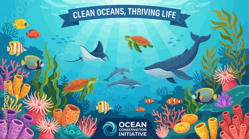 A vibrant underwater scene illustrating marine biodiversity and ocean conservation with various sea creatures, coral reefs, and a clear message.