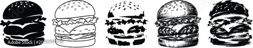 A set of eps silhouette illustrations showing various burger types and toppings