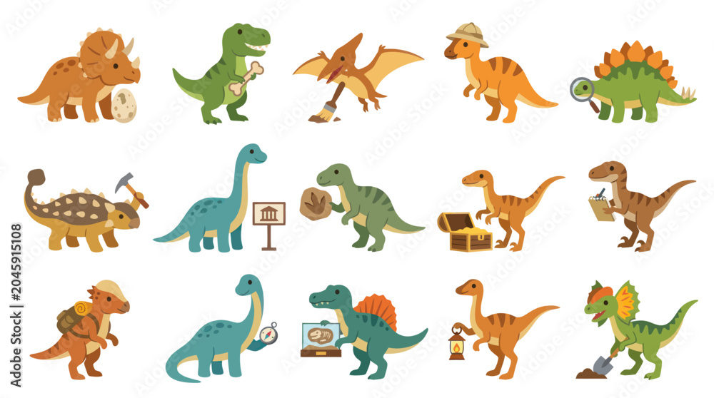 Obraz premium Playful Dinosaur Paleontology Explorer Characters Flat Vector Set for Education and Prehistoric Discovery