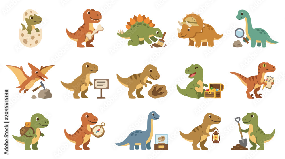 Fototapeta premium Cute Cartoon Dinosaurs in Various Activities, Flat Design Style