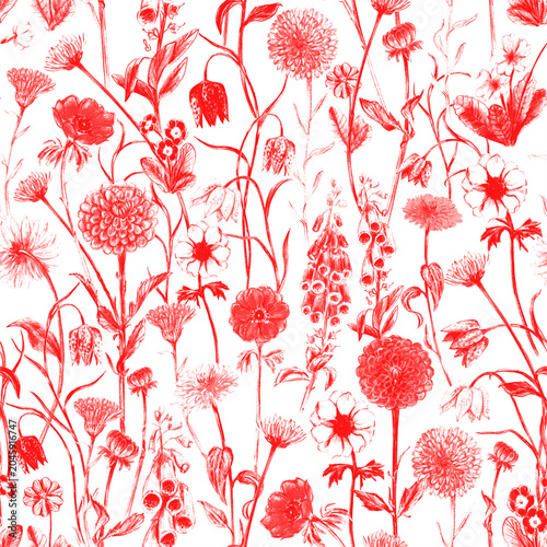 Foto Hand drawn garden flowers seamless pattern in pink red color