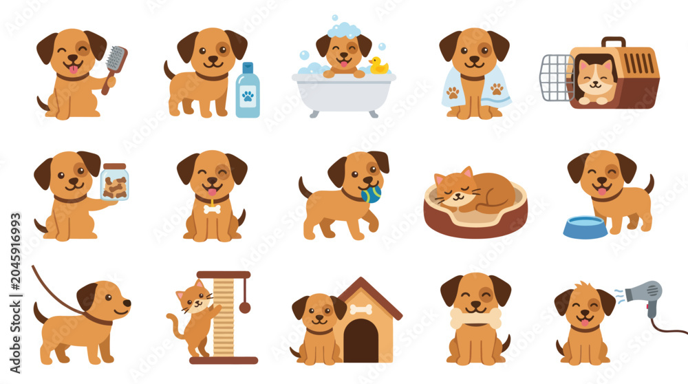 Obraz premium Happy Pet Care Flat Vector Illustration Set with Cute Dogs, Puppies, Cats, Kittens, and Animal Grooming Supplies