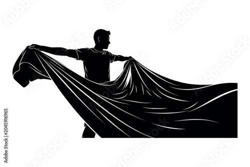 Obraz na plátně Dramatic silhouette of a man with flowing fabric a powerful and artistic represe